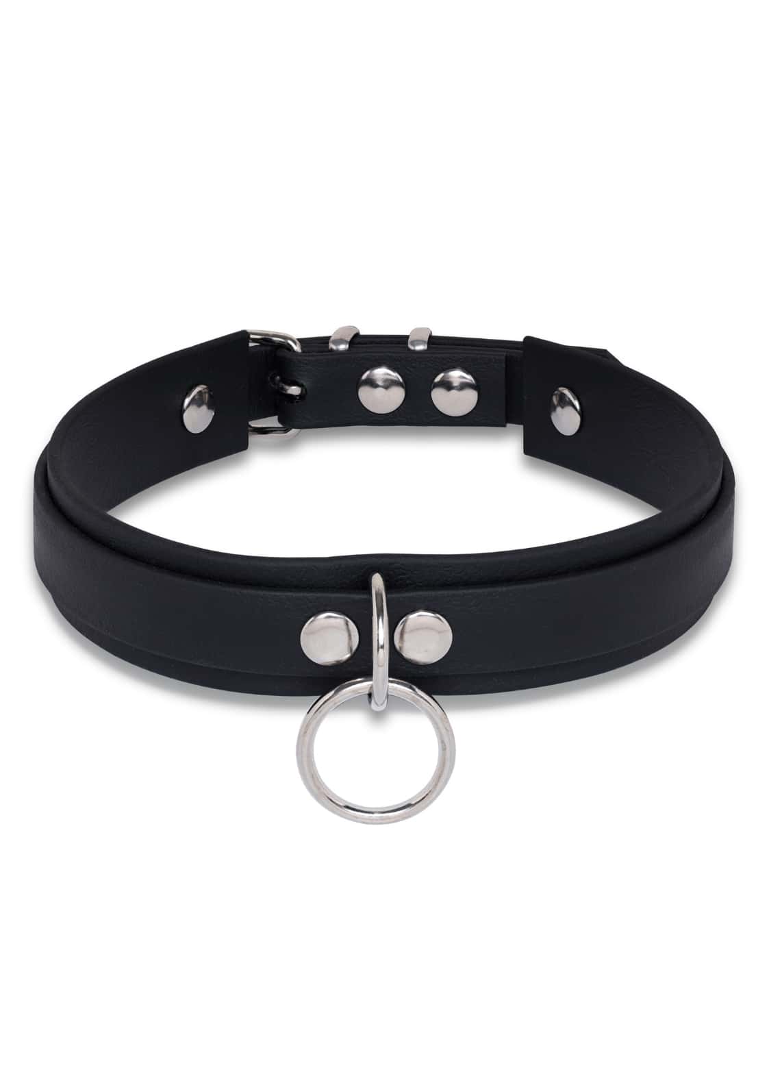 Schwarzer gothic choker easure slave mit silbernen metallschmuck und zentralem ring aus langlebigem material